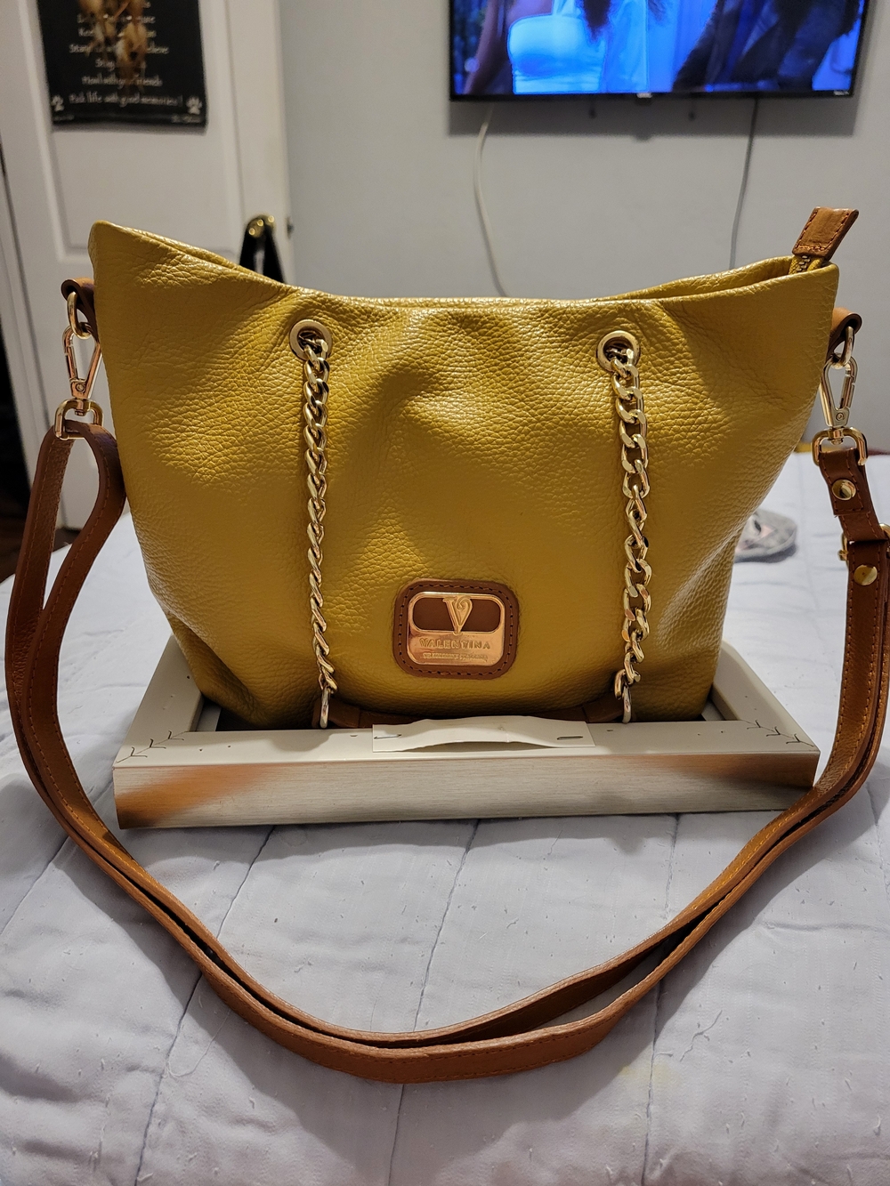 Valentina NWOT! Mustard Yellow Leather Shoulder/Crossbody with Gold Chain Accent